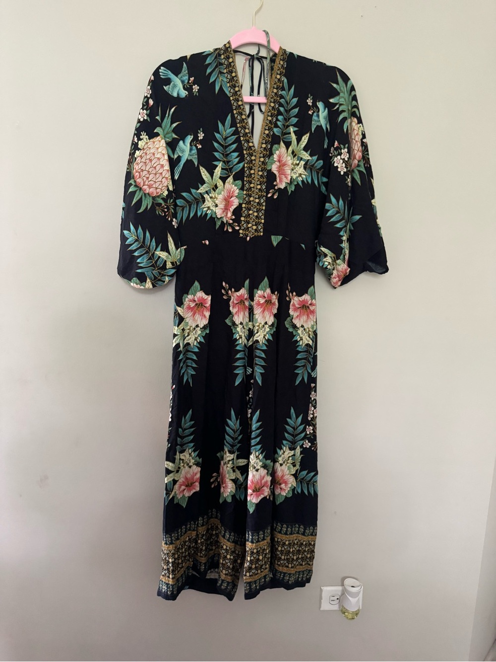 FARM Rio Black Floral Jumpsuit with Teal Leaves & Pink Blooms